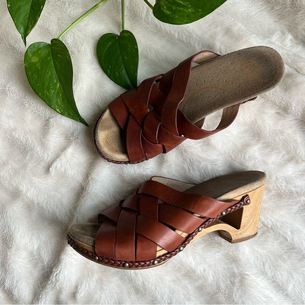 Dansko Brown Leather Woven Slide Sandals